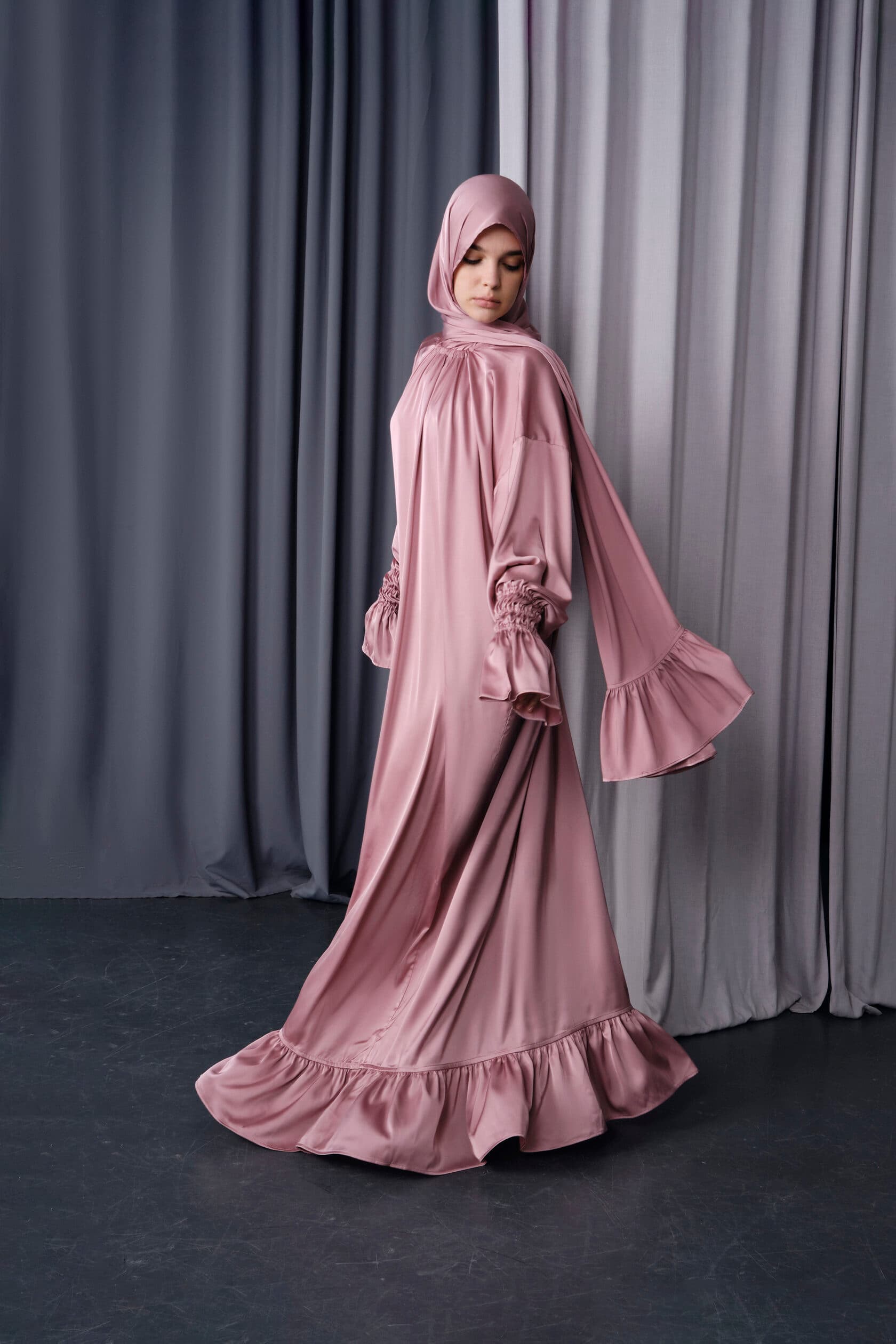 Dusty Rose Silk Maxi Dress with Tiered Ruffle Hem