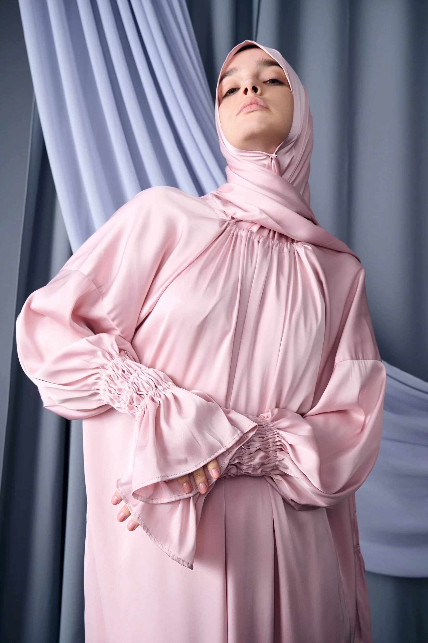 Rose Pink Silk Dress with Ruffled Bell Sleeves