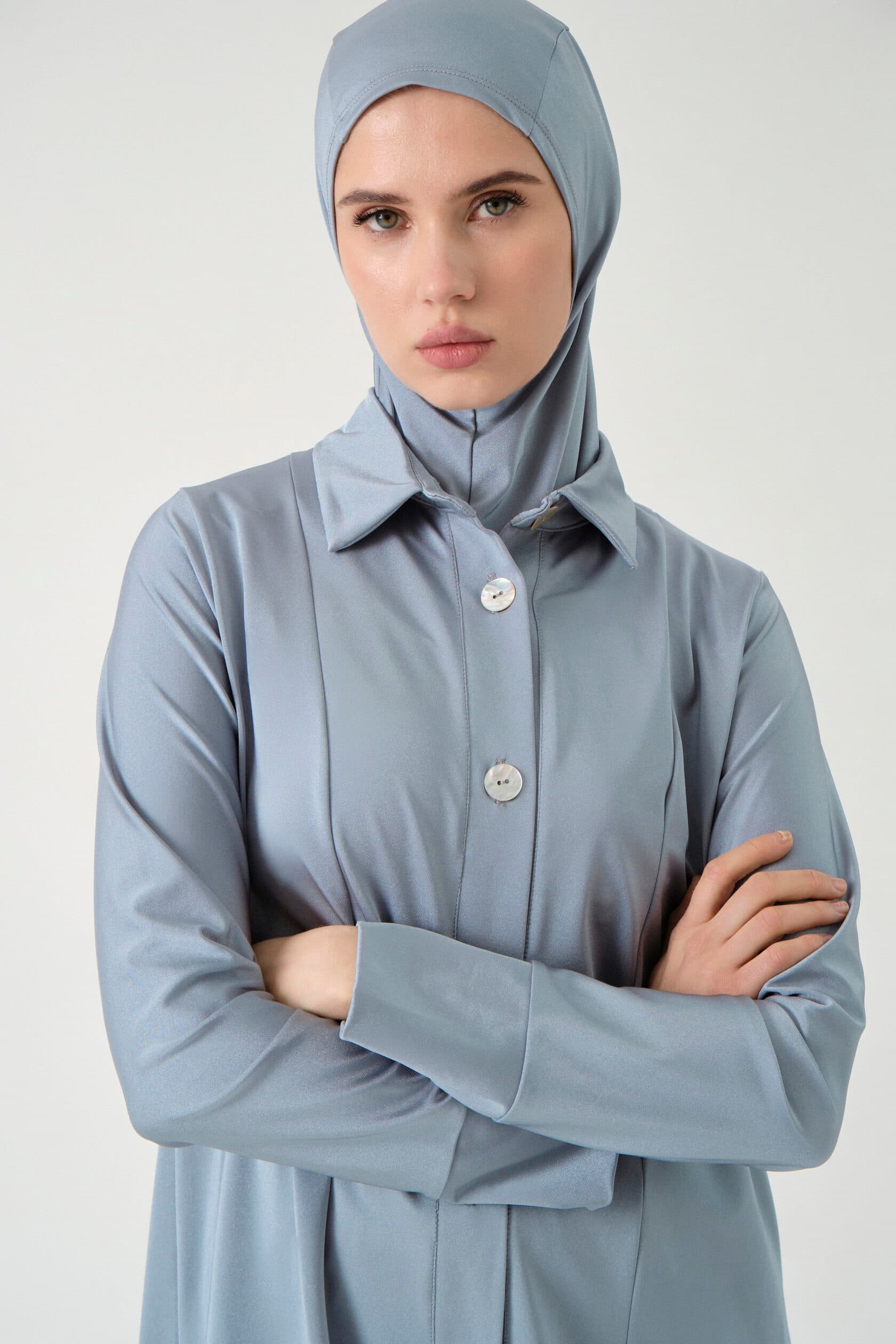 Full-Cover Button-Front Burkini Set - Dusty Blue