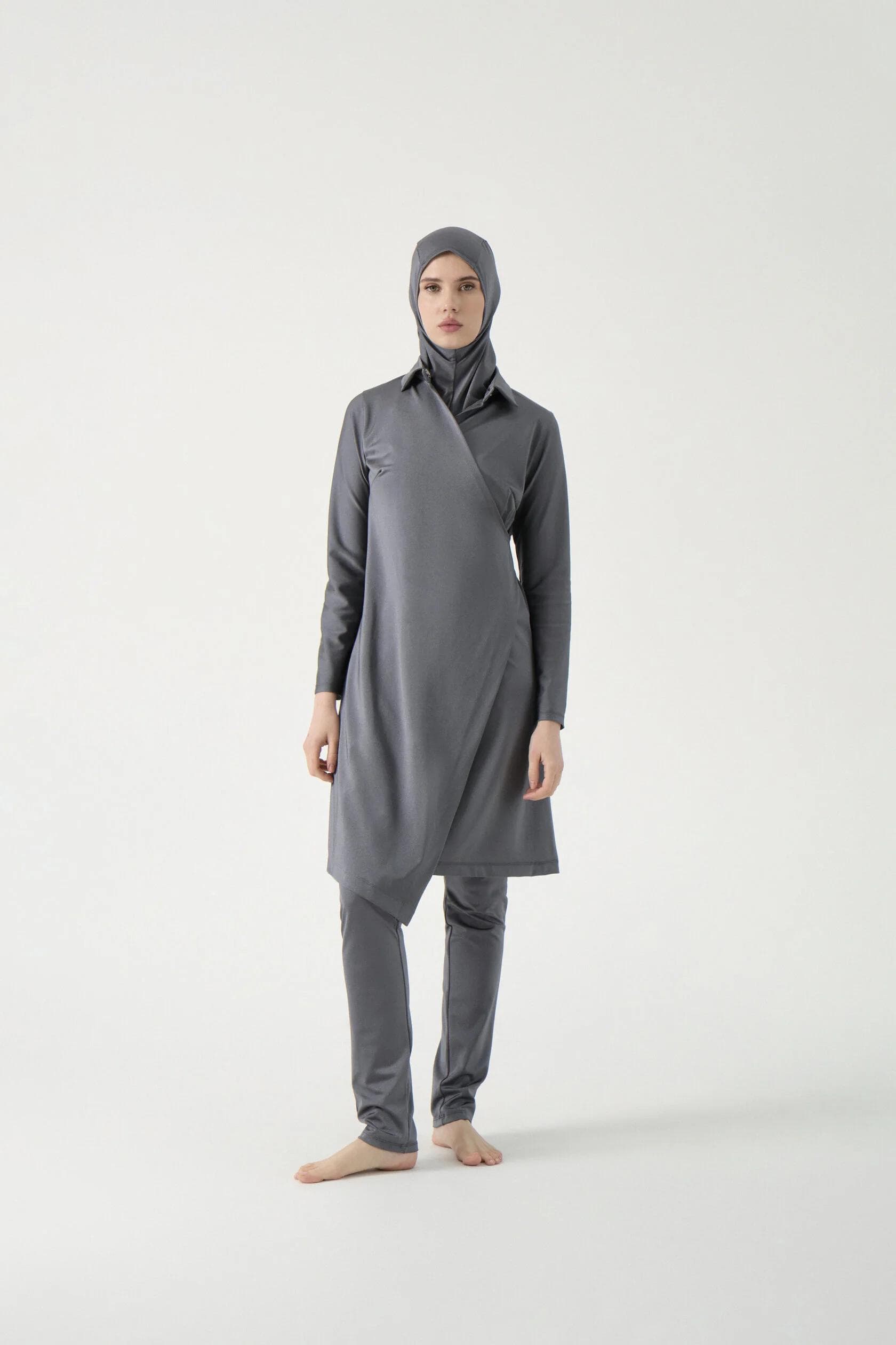 Wrap-Front Three-Piece Burkini - Charcoal Grey