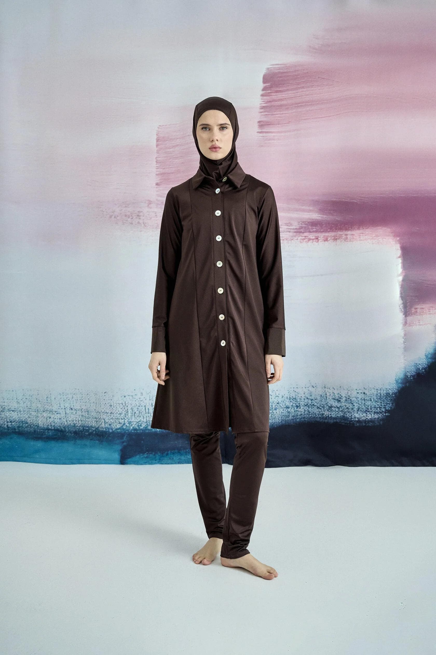 Three-Piece Button-Front Burkini - Chocolate Brown