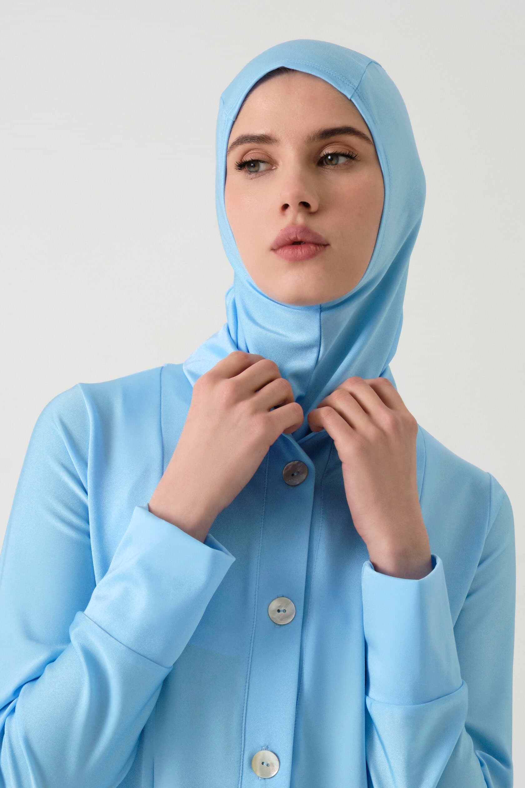 Full-Cover Button-Front Burkini Set - Baby Blue