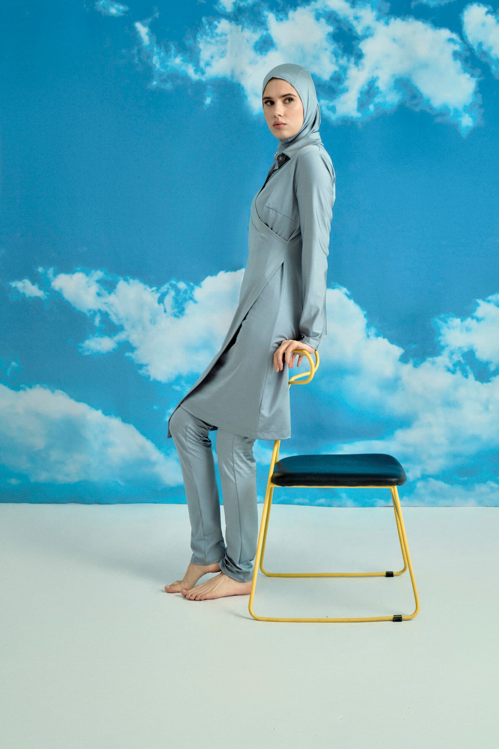Wrap-Front Full-Cover Burkini - Steel Blue