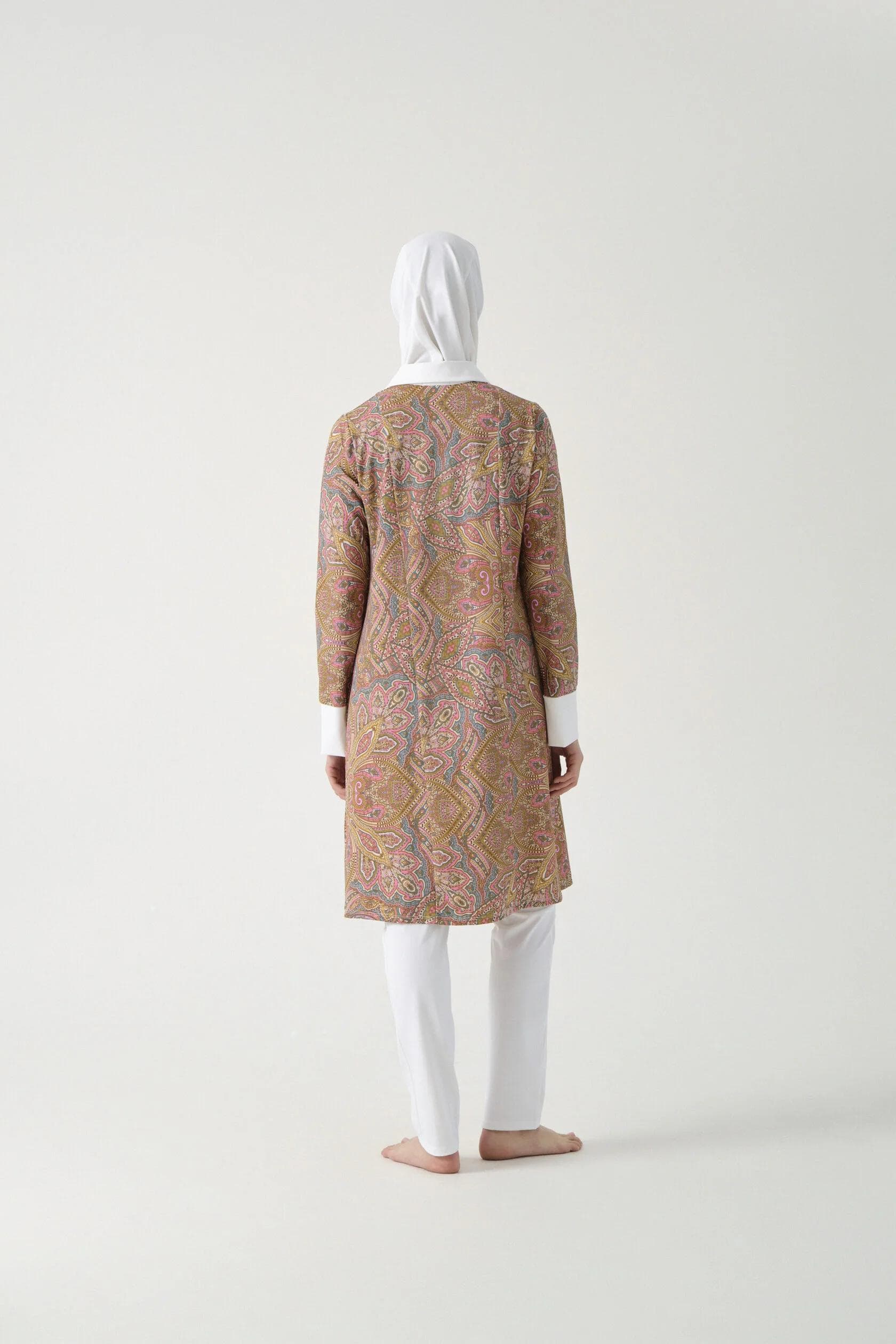 Full-Cover Burkini - Paisley Print with White Trim