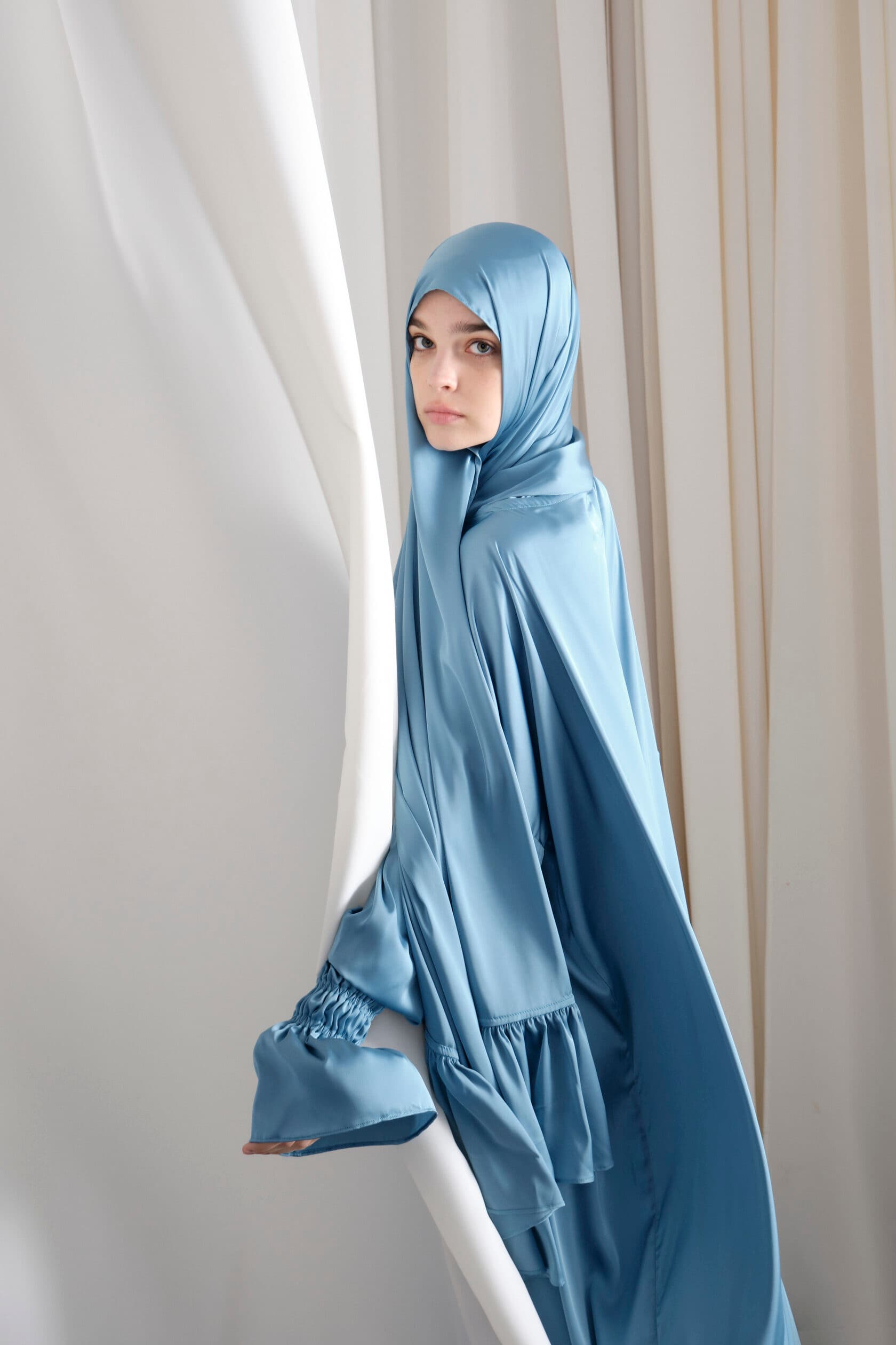 Dusty Blue Silk Prayer Dress with Ruffle Hem