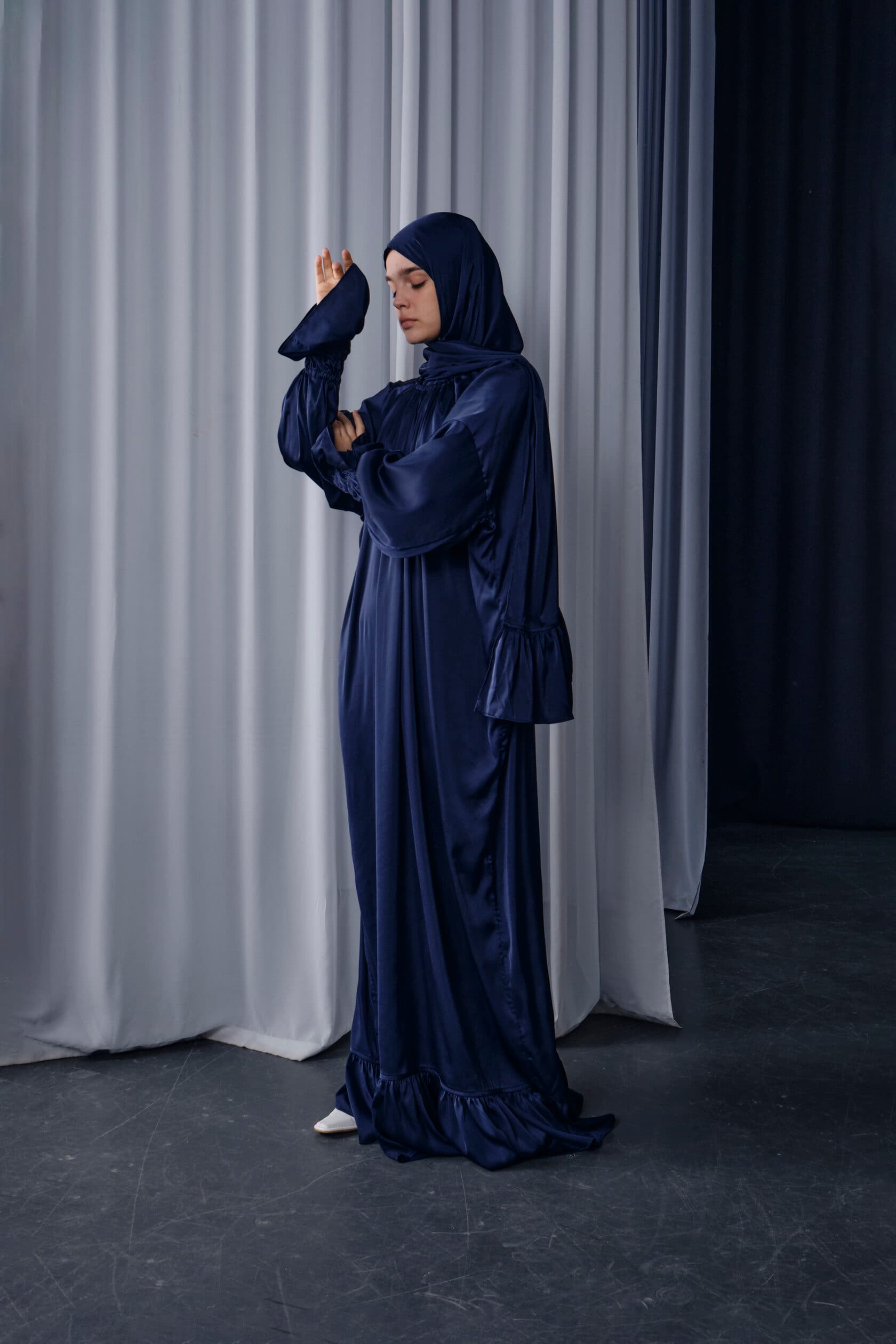 Navy Silk Maxi Dress with Ruffle Hem & Bell Sleeves